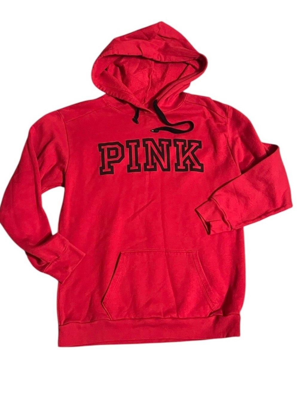 PINK Red Hoodie Sweatshirt with Black Logo, Womens Size S but oversized